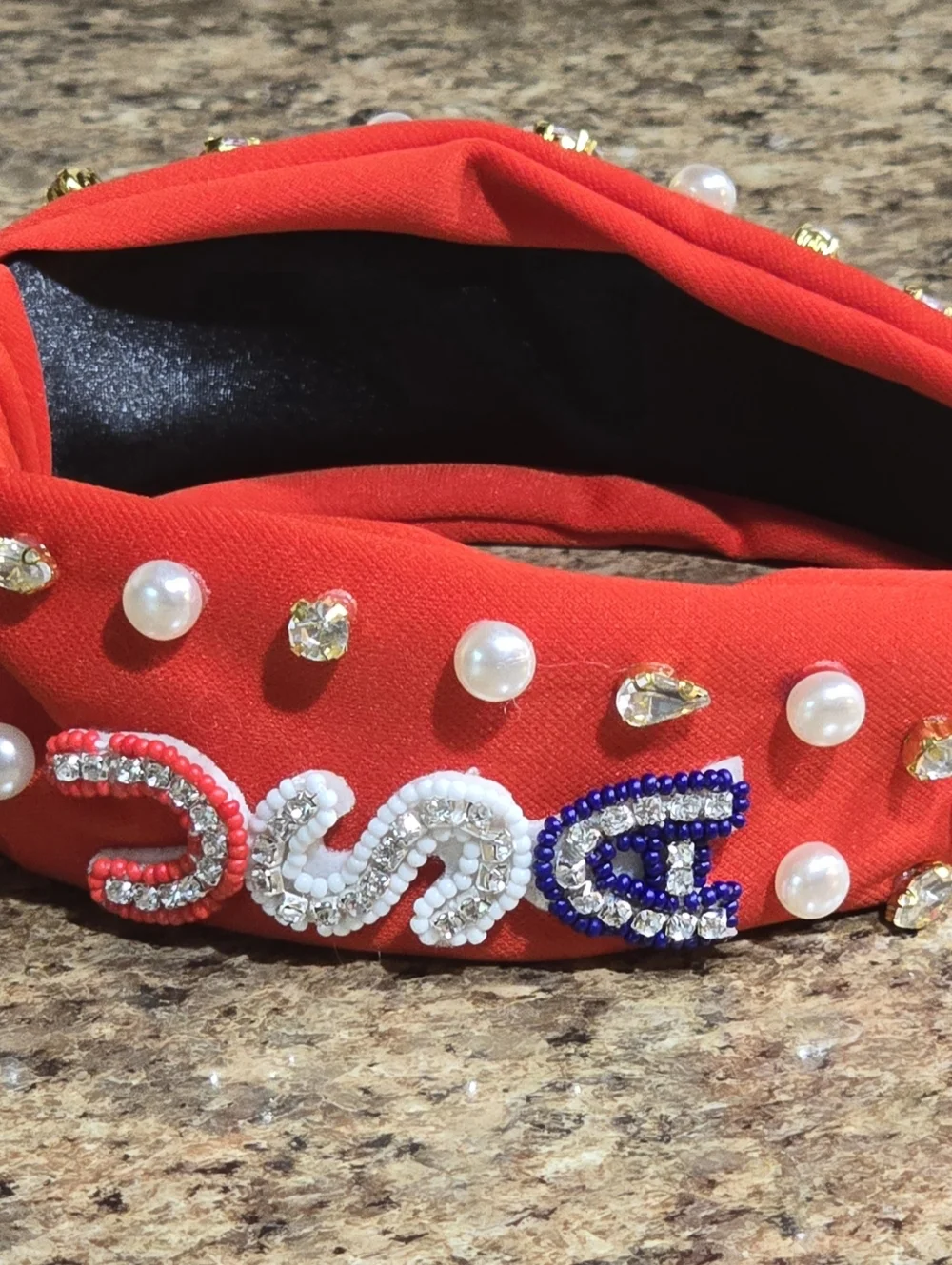 4th Of July USA Embellished Red Knot Headband with Crystal Letters